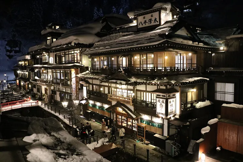 Ginzan Onsen street on a snowy night, Yamagata